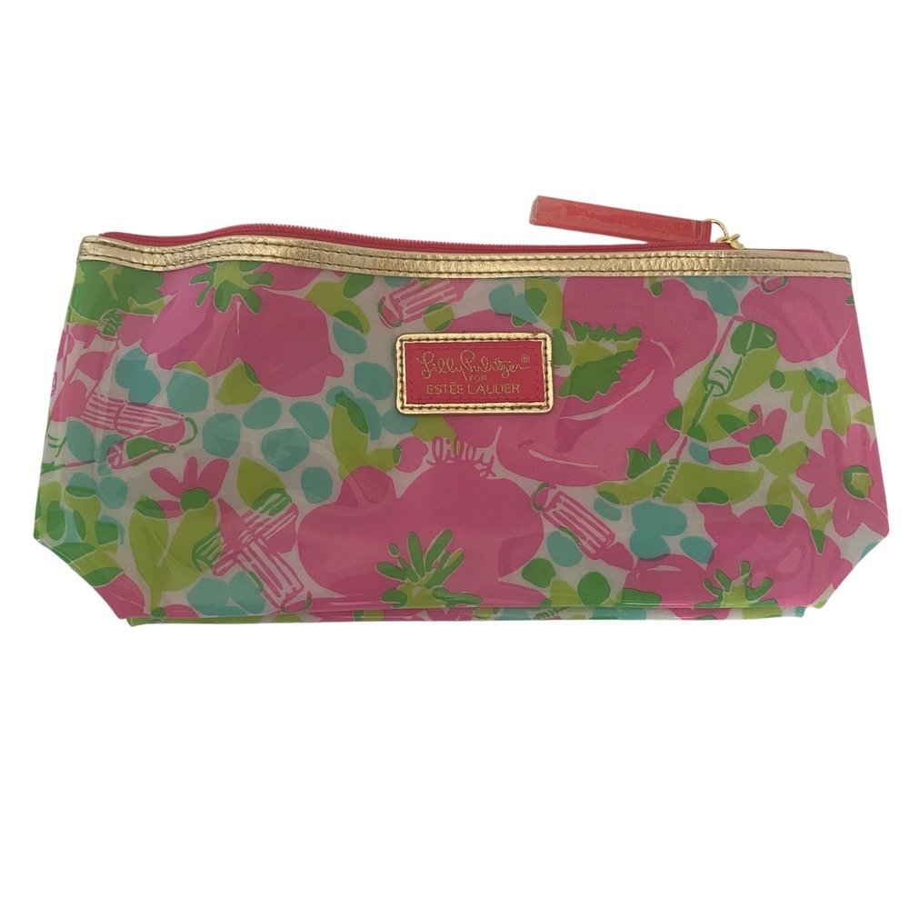 Lilly Pulitzer Estee Lauder Pink Green Floral‎ Vinyl Cosmetic Makeup Bag Pouch